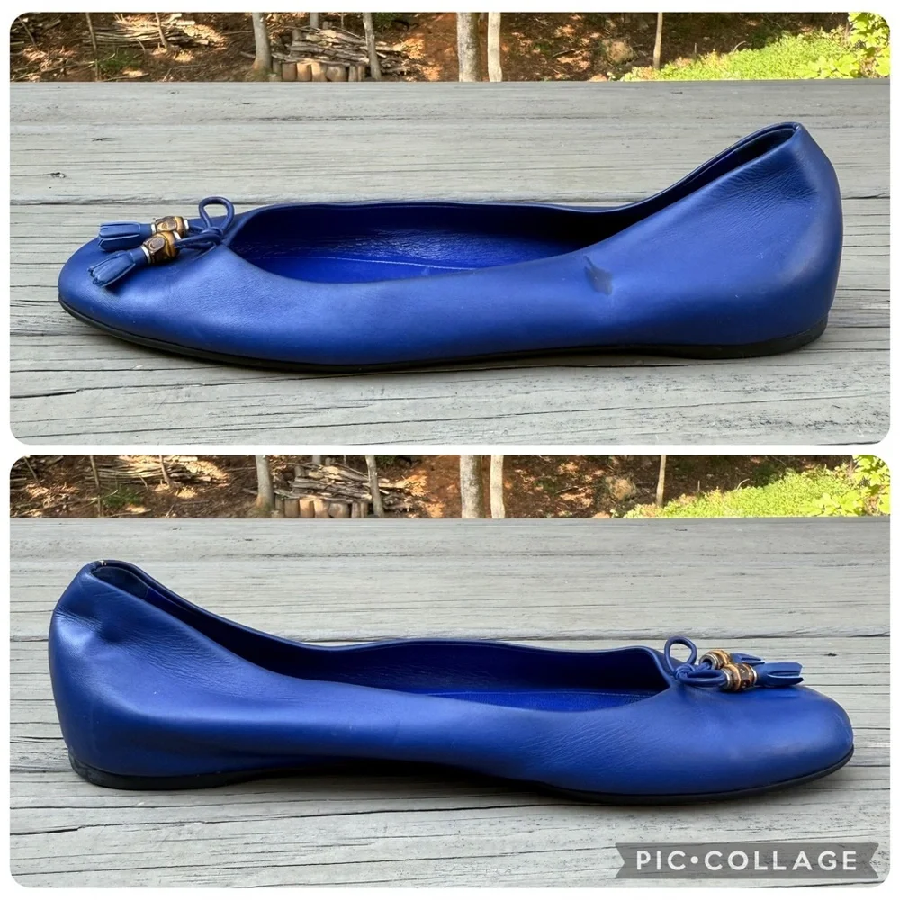Gucci Blue Leather Bamboo Bow Ballet Flats Size 40 - Picture 12 of 16